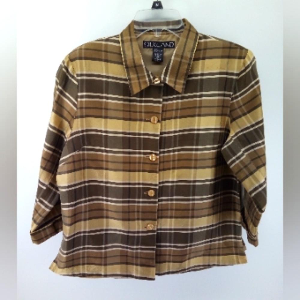 Vintage 100% Silk SilkLand Brown Tan Lightweight Jacket 10 Shoulder Pads 80's